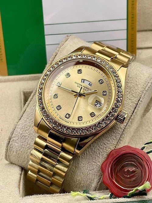 Gold Dial Metal Belt Analog Quartz Movement For Men's watch