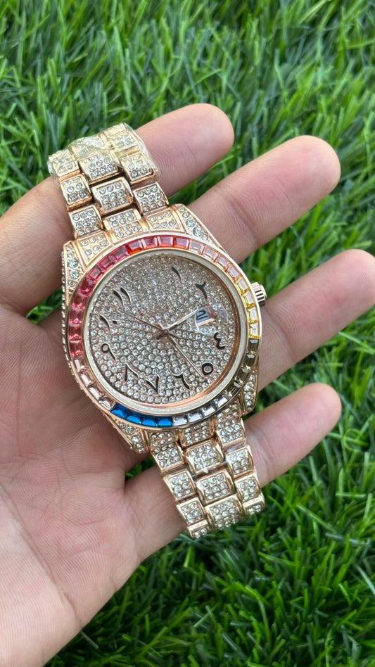 Analog Rainbow Dial Arabic Numerals Full Rose Gold Diamond Men’s Watch