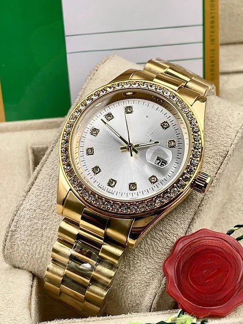 White Gold Analog Quartz Chain Metal Round Case Date Gift Watch