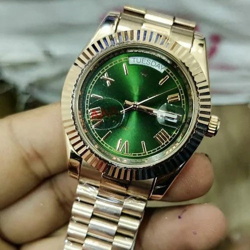 Automatic Golden And Green Dial Analog Chain Metal Men's Watch