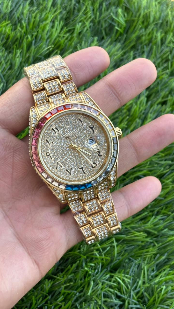 Analog Rainbow Dial Arabic Numerals Full Gold Diamond Men’s Watch