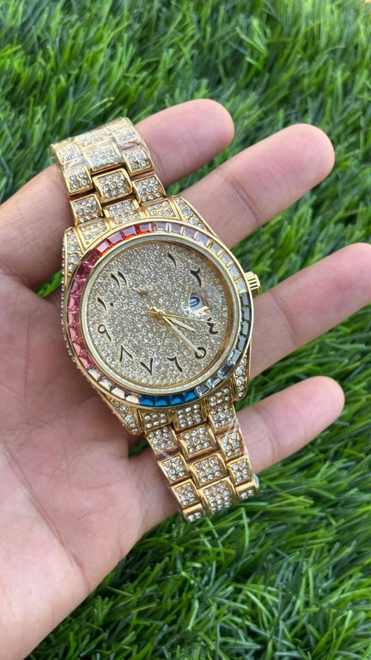 Analog Rainbow Dial Arabic Numerals Full Gold Diamond Men’s Watch