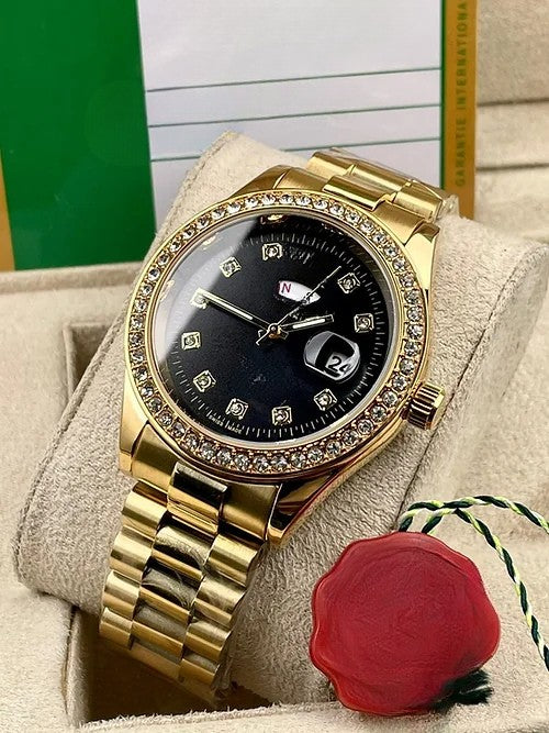 Black Dial Metal Belt Analog Watch For Mens